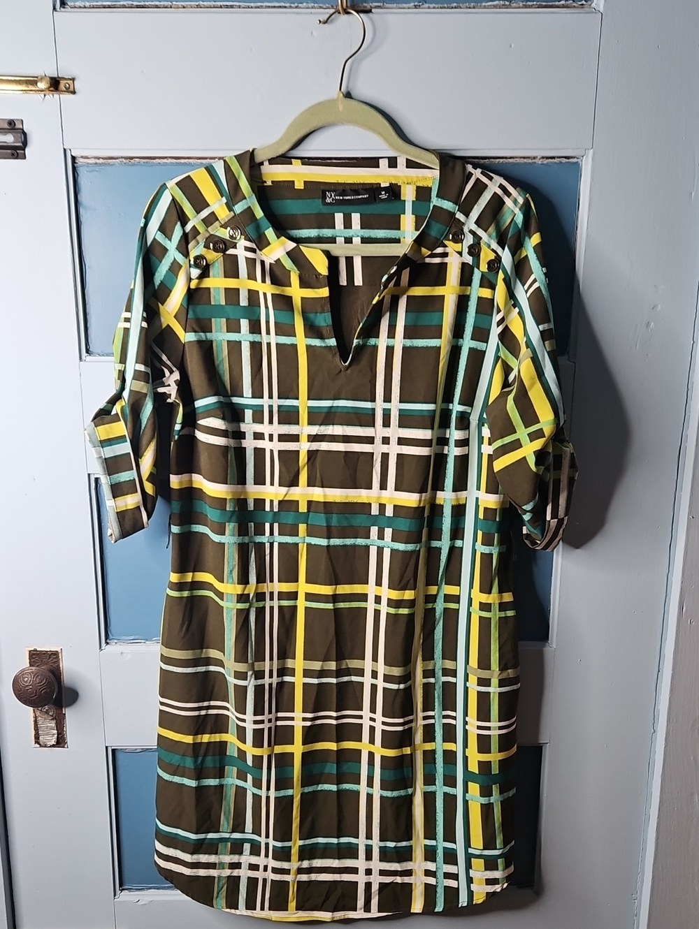 New York & Company Plaid Tunic Dress in Olive, Yellow & Teal Retro Hippie Medium